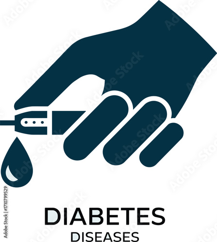 Stylized dark blue hand holding blood glucose meter testing diabetes blood drop medical