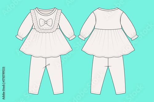 Baby Girls Long Sleeve Dress with Leggings Set Fashion Technical Drawing Flat Sketch CAD Vector Template.
