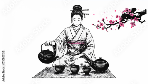 Serene woman serving tea with elegance. Traditional tea pouring ceremony art. Peaceful tea session in black and white. Minimalist tea art with floral accents. Classic Japanese tea ritual in artwork