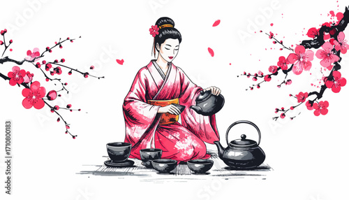 Elegant woman preparing tea ceremony. Traditional Japanese tea ceremony art. Zen-inspired tea pouring artwork. Floral tea preparation scene. Cherry blossom tea ceremony art. Peaceful woman pouring tea