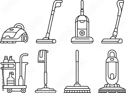 Collection of cleaning equipment and vacuum cleaners set simple line art icons for housekeeping services