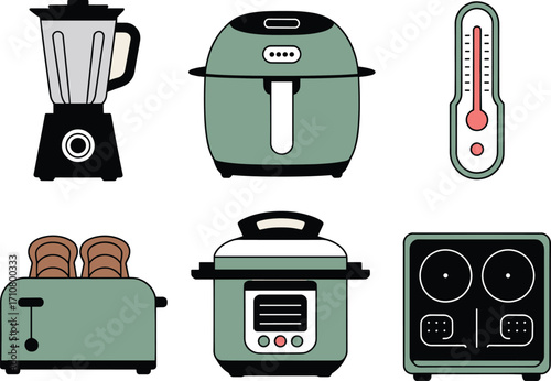Modern kitchen appliances collection for healthy cooking and food preparation