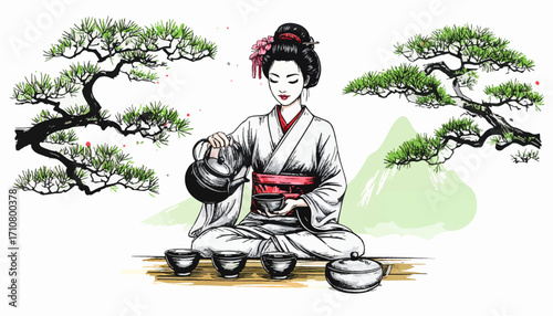 Japanese Tea Ceremony, Elegant Woman. Peaceful Japanese Tea Ritual in Art Style. Artistic Japanese Tea Brewing Ceremony. Traditional Woman Brewing Tea in Japan. Japanese Woman Tea Ceremony in Nature