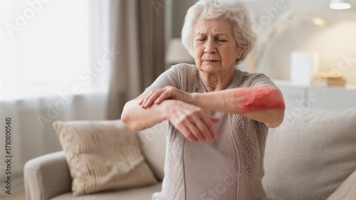 Old woman, arms and arthritis pain in home, massage joint and inflammation of bone disease. Senior person, sprain and swollen muscle by chronic fibromyalgia, hurt and osteoporosis or rheumatism