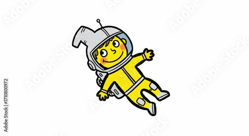 A cheerful cartoon astronaut wearing a yellow spacesuit and gray helmet floats in mid-air, drawn with bold lines and bright colors on a clean white background.