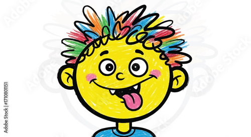A cheerful cartoon boy with colorful crayon-drawn hair and a big smile on a plain white background.