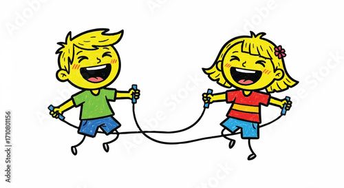Two happy children playing with a colorful jump rope in a playful scene with crayon-style illustration and bright mood on a clean white background.