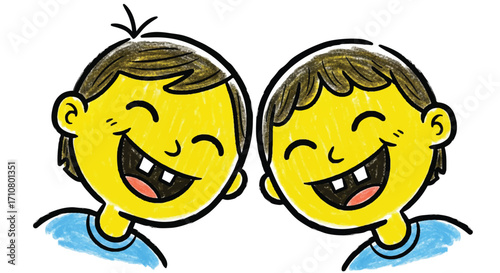 Two cheerful cartoon boys with yellow skin and brown hair smiling and winking while holding a crayon against a clean white background with a playful mood.