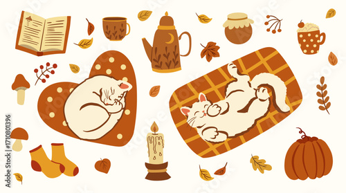 Cozy autumn mood with sleeping cats. Fall season vector illustration