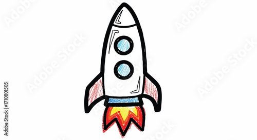 A colorful cartoon rocket ship blasting off with a vibrant flame against a clean white background, drawn with a crayon-like style.