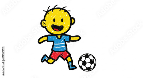 A cheerful cartoon boy in a blue shirt and red shorts kicking a soccer ball with a crayon drawing style and a playful mood on a white background.