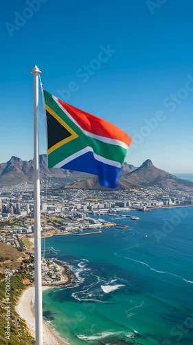 Flag Waving Above Cape Town With Mountain Backdrop on Sunny Day