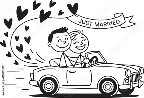 Just Married: A jubilant couple embarks on their journey of love, joyfully driving off in a classic convertible, leaving a trail of hearts in their wake, under the banner of Just Married.