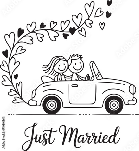 Romantic Ride: A joyful illustration of a newlywed couple embraces the open road in their vintage car, with hearts trailing behind them, symbolizing their love and adventure.
