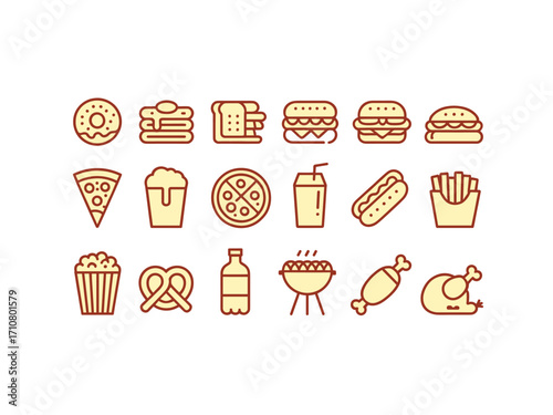 Collection of outline food icons red orange hue representing fast food drinks desserts and snacks