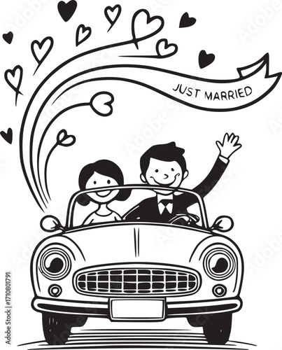 Just Married Car Ride: A newlywed couple embarks on a joyous journey, hand-drawn in a charming and whimsical style, symbolizing the beginning of their forever after with the inscription just married