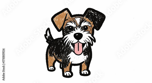 Illustration of a happy tri-colored puppy with its tongue out, standing on a plain white background with a cute expression, created with crayon-style drawing.