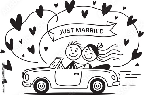Just Married in a Cabriolet: A newly wedded couple joyfully embraces in a classic cabriolet. The image encapsulates a happy marriage.