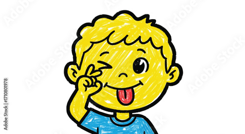 A cheerful cartoon boy with a crayon-drawn appearance smiles and gestures playfully against a clean white background with a bright and colorful mood.