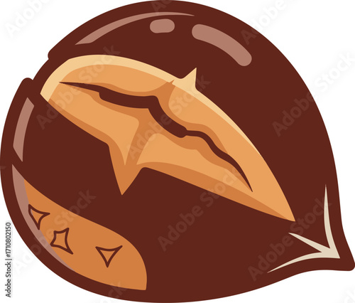  A detailed pixel art illustration showcases a roasted chestnut, its shell partially open to reveal the edible interior.