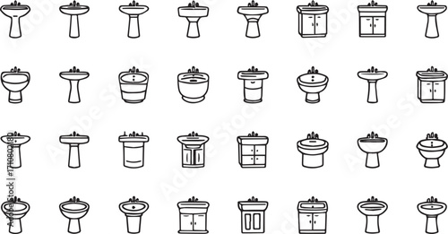 Vector EPS bundle featuring multiple wash basin designs such as pedestal, wall-mounted, round, square, and luxury sinks. Ideal for bathroom renovation, sanitary ware catalogs, and plumbing fixture des