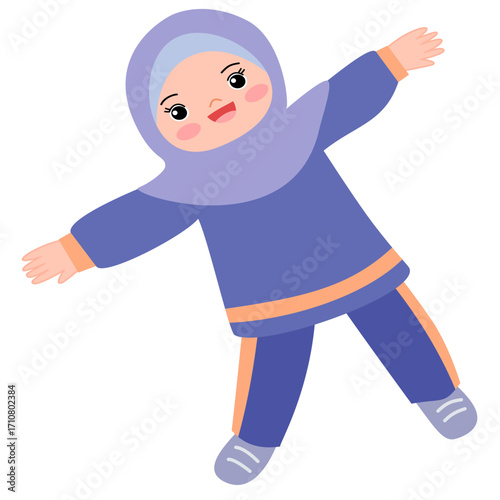 cartoon child wearing blue hijab sporting. illustration of a girl wearing a hijab while exercising