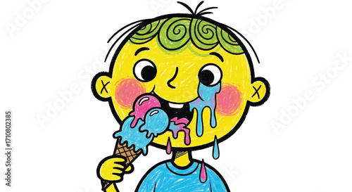 A cartoon boy with green hair and a blue shirt happily licking a colorful ice cream cone with pink and blue ice cream against a clean white background.