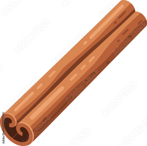 A detailed illustration of a single cinnamon stick, showcasing its texture and brown color.