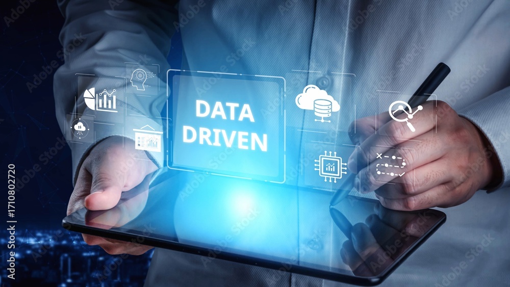 Fototapeta premium Data-driven decision-making empowers business through analytics, datum collection, and AI systems. Data driven tools support cloud data processing and data visualization across datum platforms. Muxer