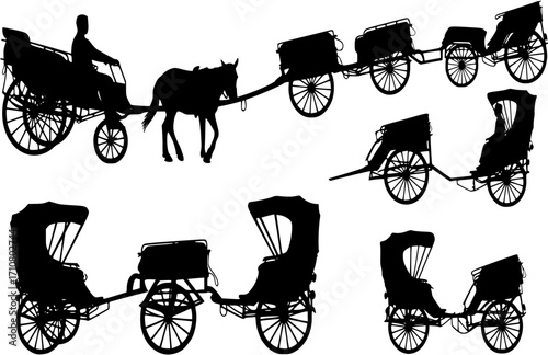 Vector set of traditional transport silhouettes. Cow carts, bicycles, rickshaws, horse carts. Kendaraan Becak
