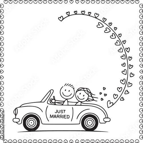 Just Married Couple's Joy Ride: a simple line art captures a newlywed couple joyfully embarking on their journey, in a classic car surrounded by a garland of hearts, symbolizing love and commitment.