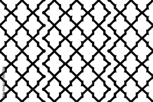 Intricate black geometric lattice pattern on white background seamless repetitive design
