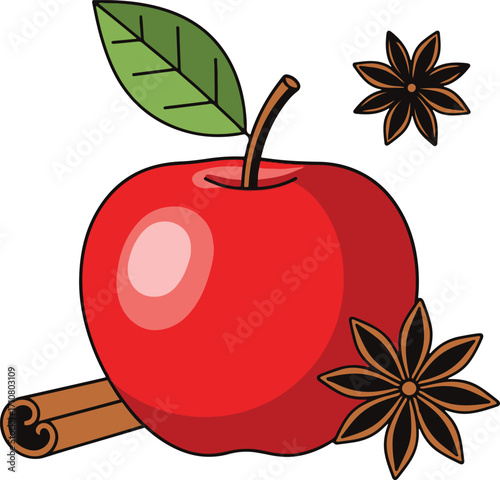 A digital illustration in a pixel art style depicts a red apple, a cinnamon stick, and two star anise. The apple is central, with the spices arranged around it.