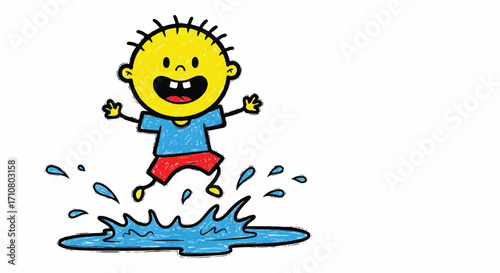 A cheerful cartoon boy jumping in a puddle with crayon-drawn style, conveying a joyful and playful mood against a clean white background.