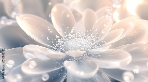 Close up of a white flower with dew drops and bokeh