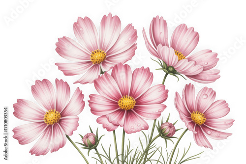 a collection of soft pink watercolor cosmos flowers isolated on white and transparent background