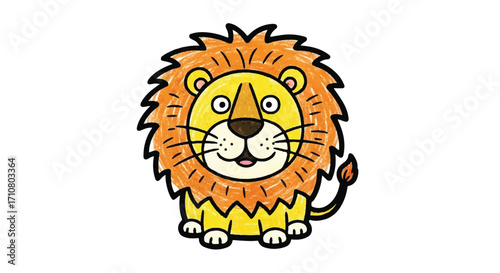 A colorful cartoon lion with a crayon-drawn appearance stands against a clean white background with a playful mood.