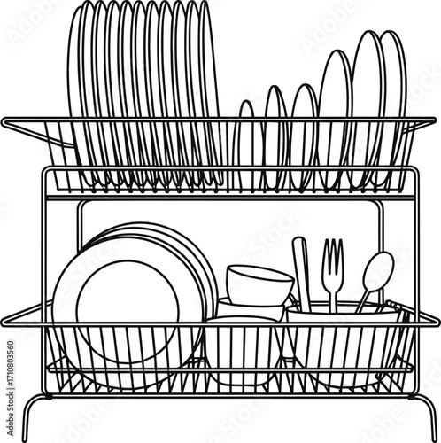 Two tier dish drying rack filled with plates cups utensils clean kitchenware for organization