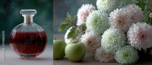 A close-up view of a red perfume bottle elegantly placed among delicate flowers and green apples against a dark background