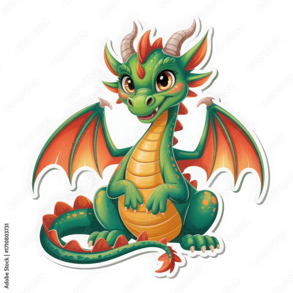 Fototapeta premium A digitally rendered image showcases a charming green dragon with orange accents sitting and looking to the side ,isolated on transparent background