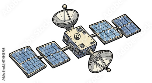 A detailed illustration of a satellite with solar panels and antennas against a clean white background, rendered in a colorful crayon drawing style.
