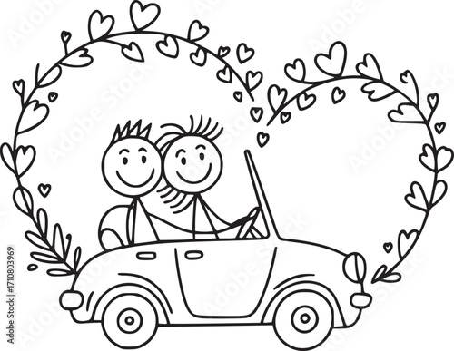 Love on the Road: A charming monochrome illustration captures a couple joyfully embarked on a road trip, surrounded by a wreath of hearts and leaves, symbolizing their journey of love.