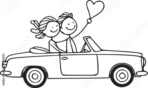 Love's Getaway: A romantic illustration capturing a happy couple on a joyous road trip, holding a heart-shaped balloon, perfect for expressing love, celebration, and freedom.