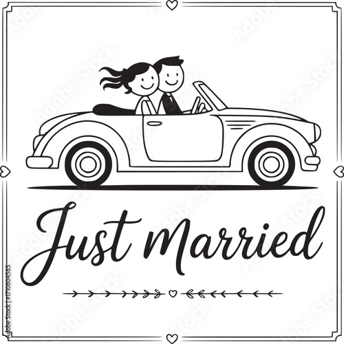 Just Married: Romantic illustration of a newly wedded couple driving away in a classic car, adorned with 'Just Married' script. A delightful scene symbolizing the beginning of their journey.