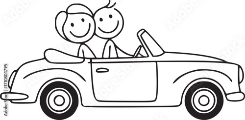 Couple's Joyful Road Trip: A stick figure illustration of a happy couple enjoying a sunny day, seated in a classic convertible as they embark on an exciting journey.