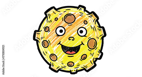 A cheerful cartoon illustration of a yellow virus cell with a smiley face drawn in a childlike style using crayon on a white background with a playful and humorous mood.