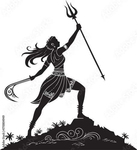 Silhouette of a warrior goddess holding a trident and whip on a rocky outcrop female woman