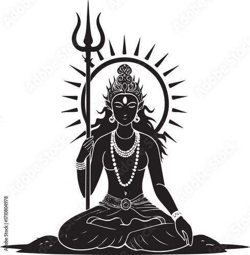 Seated deity with trident and sun halo in meditation pose goddess Hindu