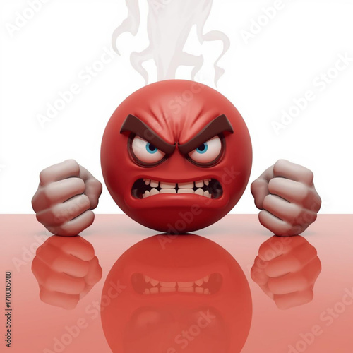 Furious red emoji with white background and reflection