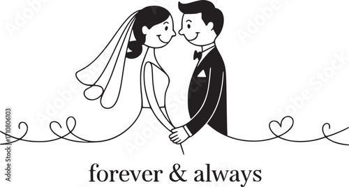 Eternal Bond: Simple illustration of a couple holding hands and smiling, conveying the promise of forever and always, beautifully depicted in a monochrome style.